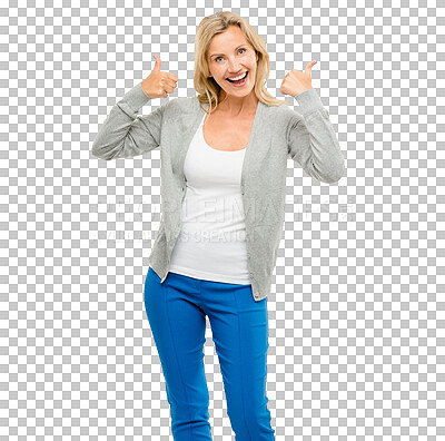 Buy stock photo Smile, thumbs up and portrait of woman with success, agreement and approval isolated on transparent png background. Happy, female person and excited with gesture for support, motivation and joy