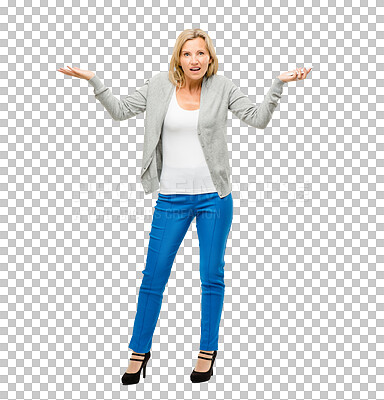 Buy stock photo Portrait, shrug and woman with phone, confused and shocked isolated on a transparent png background. Smartphone, doubt and person with question, puzzled and unsure on mobile app for communication