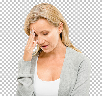 Buy stock photo Burnout, headache and stress with business woman isolated on transparent background for fail or mistake. Anxiety, depression and mental health with mature employee on PNG for bankruptcy, debt or tax