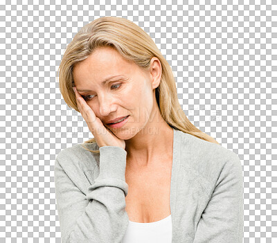 Buy stock photo Burnout, depression and stress with business woman isolated on transparent background for fail or mistake. Anxiety, headache and mental health with mature employee on PNG for bankruptcy, debt or tax