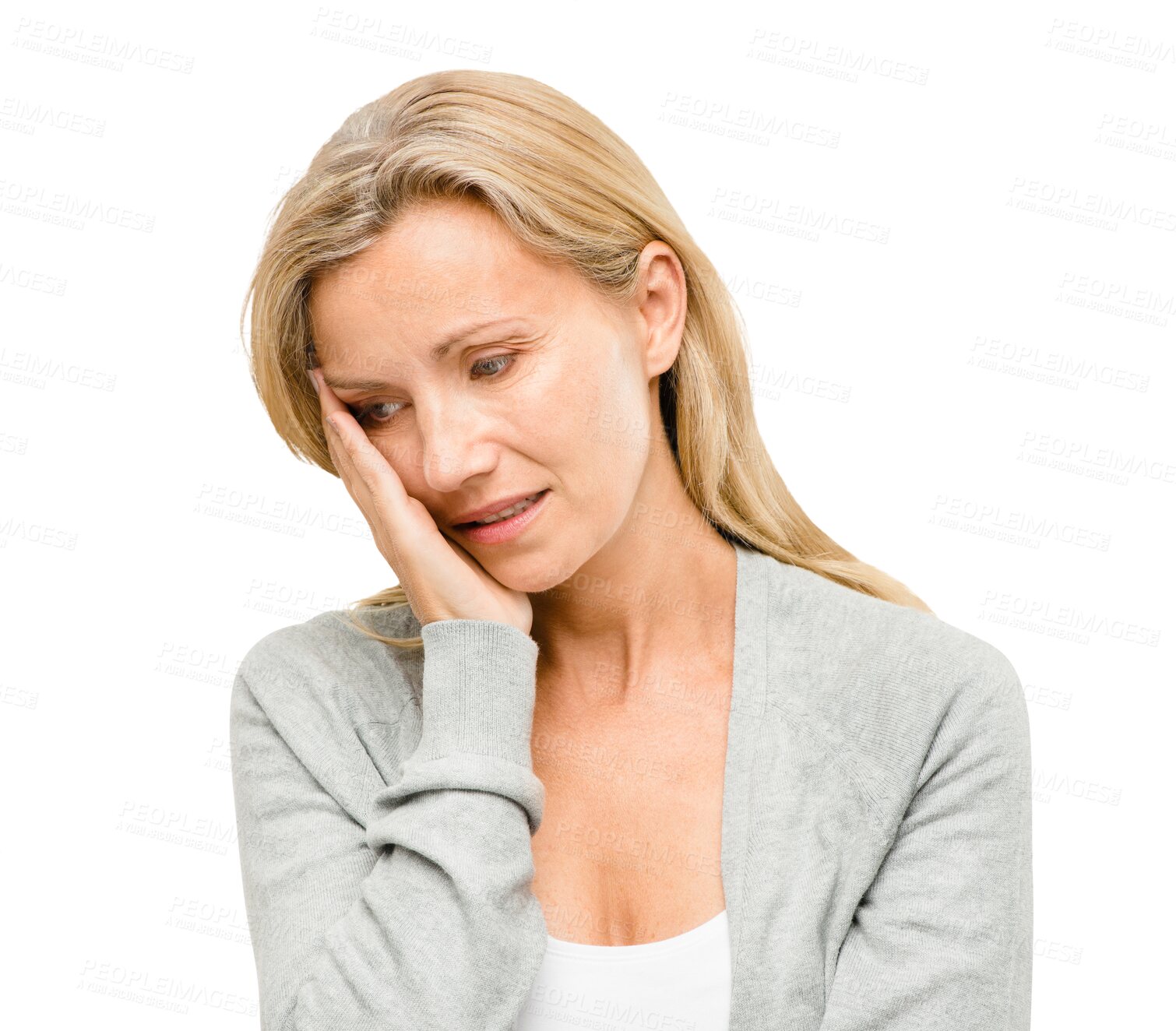 Buy stock photo Burnout, depression and stress with business woman isolated on transparent background for fail or mistake. Anxiety, headache and mental health with mature employee on PNG for bankruptcy, debt or tax