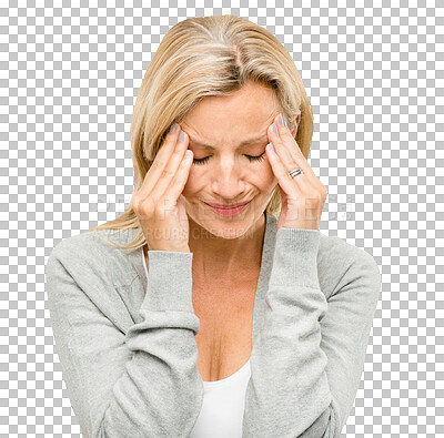 Buy stock photo Anxiety, headache and stress with business woman isolated on transparent background for fail or mistake. Burnout, depression and mental health with mature employee on PNG for bankruptcy, debt or tax