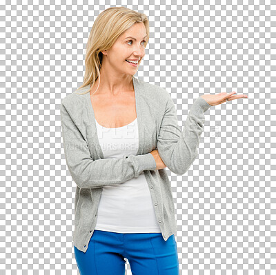 Buy stock photo Mature woman, advertising and presentation for promotion with information about us isolated on png transparent background. Marketing, show or display with announcement or news for service on platform