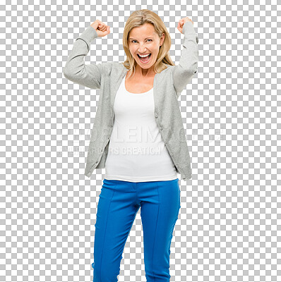 Buy stock photo Mature woman, cheers and excited with winning, celebration for award or reward, fist pump and happy in portrait. Yes, bonus and achievement with smile for success, winner and opportunity for growth
