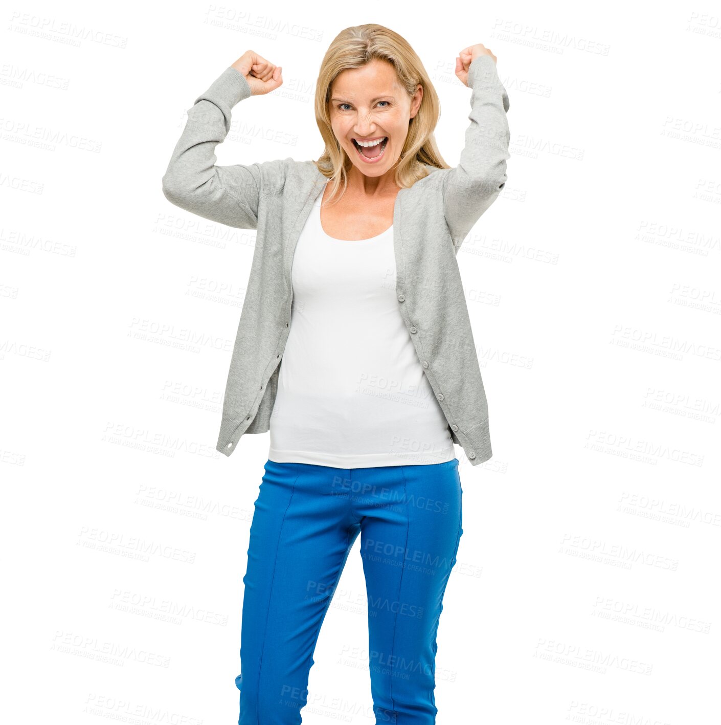 Buy stock photo Mature woman, cheers and excited with winning, celebration for award or reward, fist pump and happy in portrait. Yes, bonus and achievement with smile for success, winner and opportunity for growth