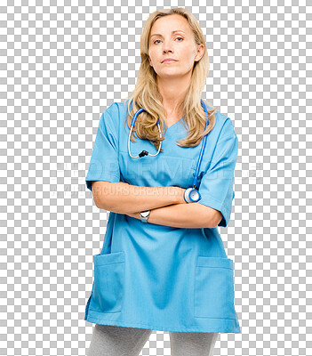 Buy stock photo Portrait, healthcare and arms crossed with serious nurse isolated on transparent background for cardiology. Medical, service and treatment with confident young woman on PNG as medicine professional