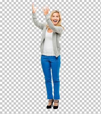 Buy stock photo Wow, portrait and excited mature woman showing deal with happy energy isolated on transparent png background. Smile, celebration and person with announcement, presentation or winning with success.