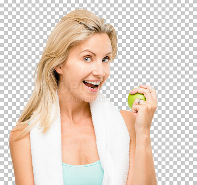 Buy stock photo Portrait, fitness and happy woman with apple for nutrition, healthy diet or wellness isolated on transparent png background for exercise. Sport, face or person eating fruit, organic food or vitamin c