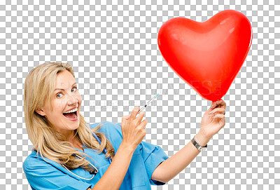 Buy stock photo Syringe, needle and nurse with balloon or heart for cardiology on transparent, isolated or png background. Medical, nursing and portrait of woman with injection for pharmaceutical care and vaccine