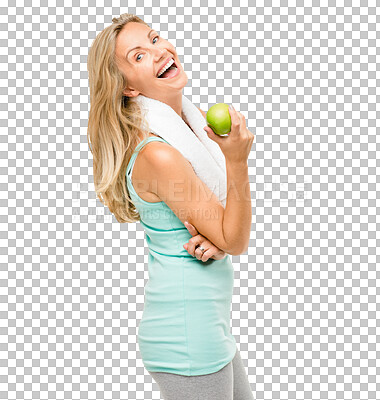Buy stock photo Portrait, fitness and excited woman with apple for nutrition, wellness or healthy diet isolated on transparent png background for body. Sport, smile and person eating fruit, vitamin c or organic food