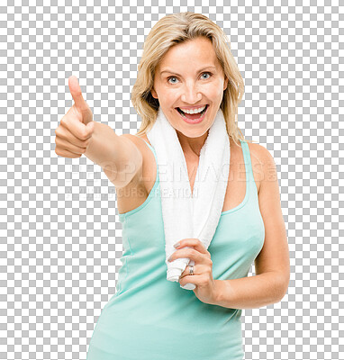 Buy stock photo Mature woman, fitness and thumbs up with happiness and towel on isolated, transparent png background. Healthy lifestyle, exercise and motivation for active routine, health and self care for wellness