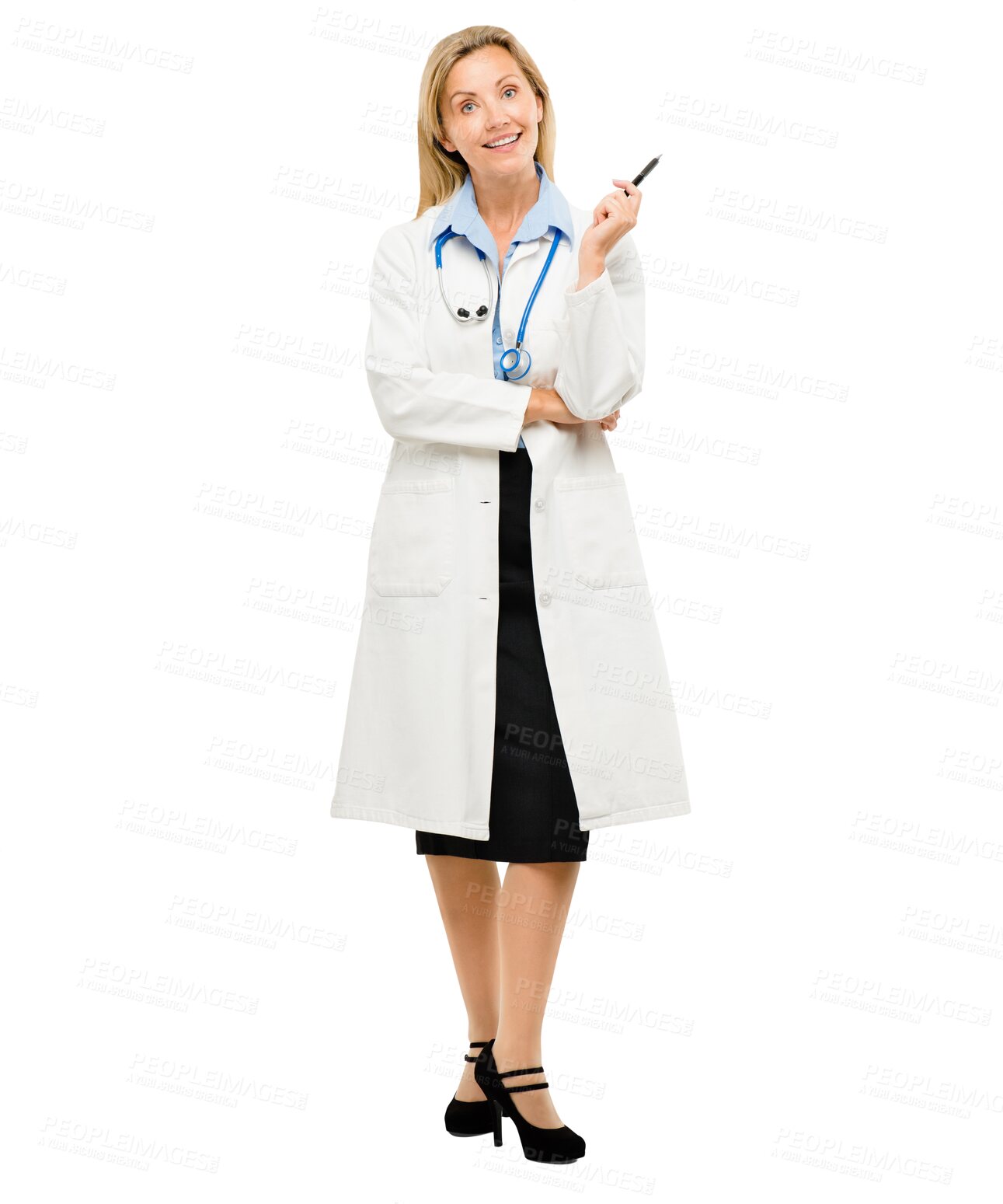Buy stock photo Mature woman, doctor and smile in healthcare for advice, confident and checkup on isolated transparent png background. Diagnosis, cure and treatment with vaccine for medicine and health service.