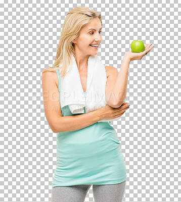 Buy stock photo Smile, fitness and woman with apple for nutrition, wellness or body health isolated on transparent png background for exercise. Sport, happy or person eating fruit, vitamin c or organic food for diet