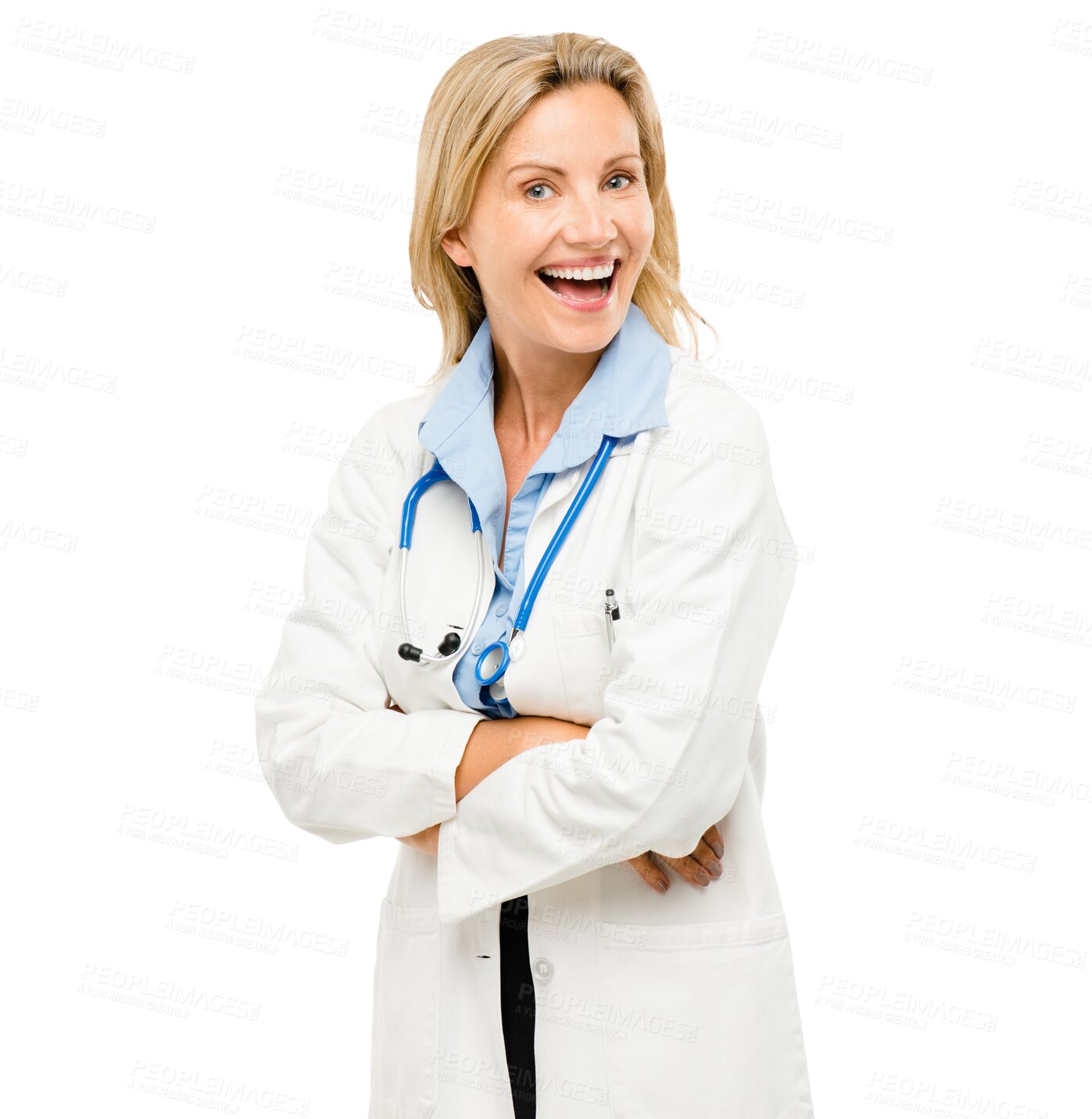 Buy stock photo Mature woman, doctor and arms crossed in portrait, happy in healthcare with pride and expert for medical advice. Professional, cardiovascular surgeon with smile and help for health and medicine