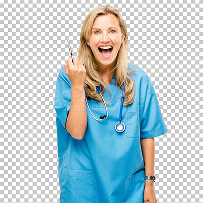 Buy stock photo Smile, healthcare and portrait of nurse with syringe for medicine, injection and health. Happy, face and excited medical employee with needle for insulin on isolated, transparent and png background