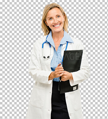 Buy stock photo Woman, smile and portrait of doctor with clipboard for medical information, research or documents. Happy, checklist and professional mature female healthcare worker by transparent png background.