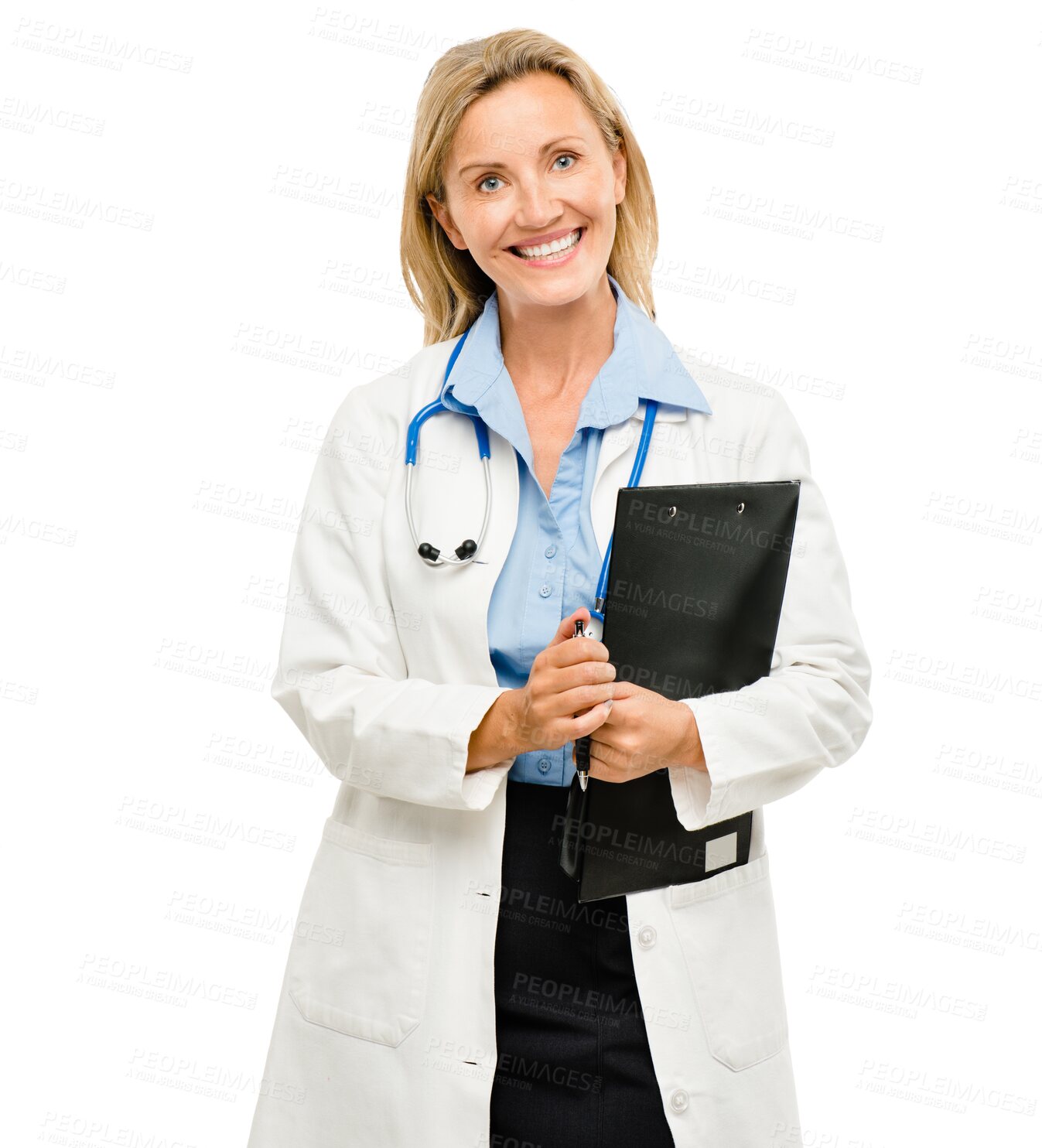 Buy stock photo Woman, smile and portrait of doctor with clipboard for medical information, research or documents. Happy, checklist and professional mature female healthcare worker by transparent png background.