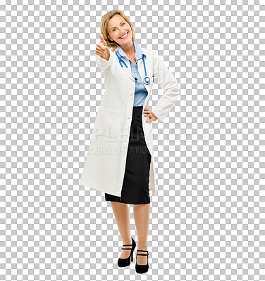 Buy stock photo Woman, smile and portrait of doctor with thumbs up for good news, approval or agreement. Happy, success and professional healthcare worker with satisfaction gesture by transparent png background.