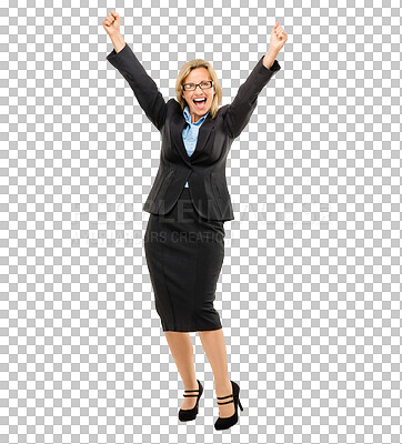 Buy stock photo Mature woman, corporate win and cheers for celebration, promotion at work and happy isolated on png transparent background. Portrait, arms up for bonus or award, success and achievement in business