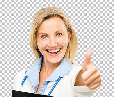 Buy stock photo Happy woman, portrait and doctor with thumbs up, isolated,  background and stethoscope. Female person, medical and transparent for png, healthcare and approved gesture for cut out and success