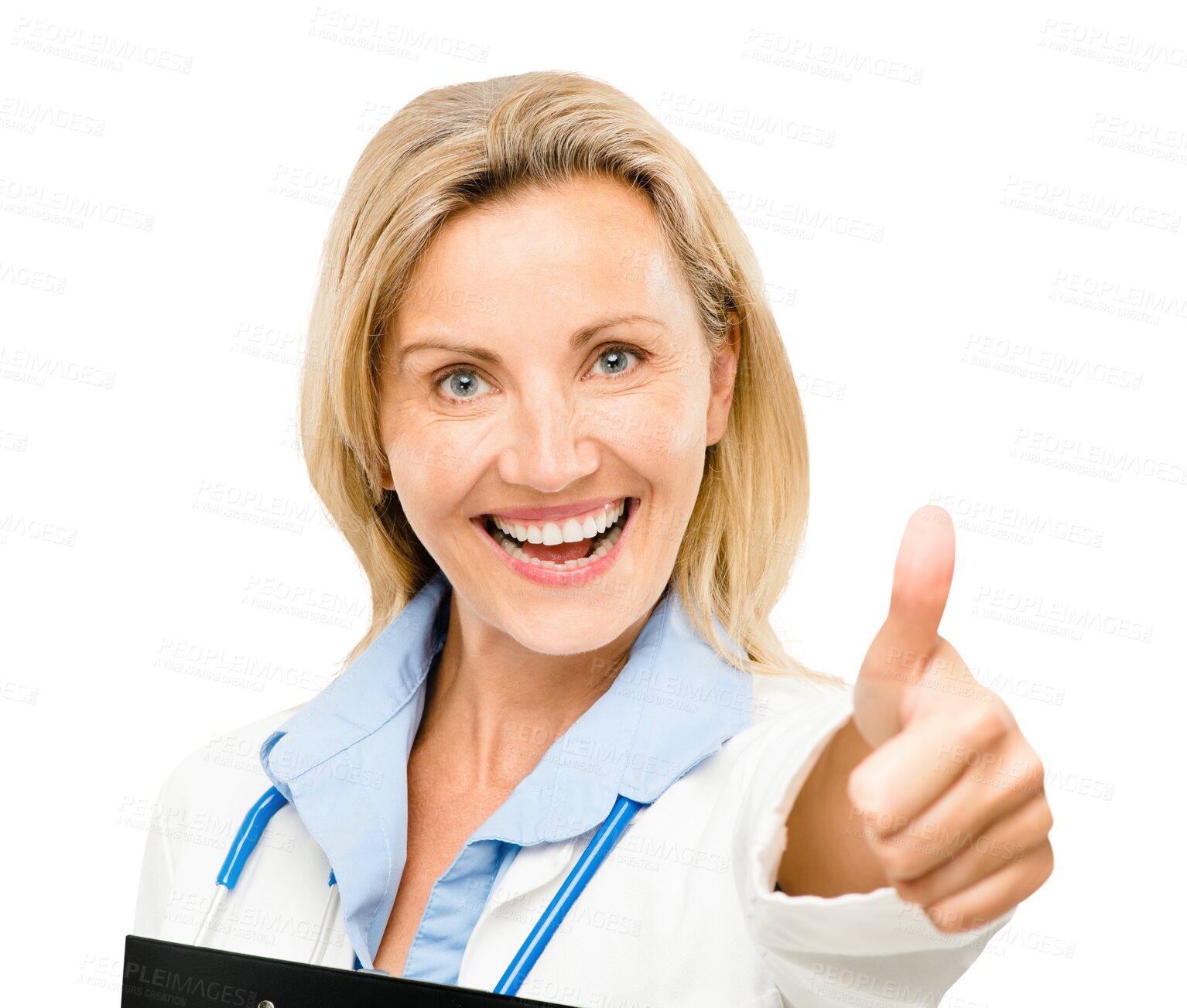 Buy stock photo Happy woman, portrait and doctor with thumbs up, isolated,  background and stethoscope. Female person, medical and transparent for png, healthcare and approved gesture for cut out and success