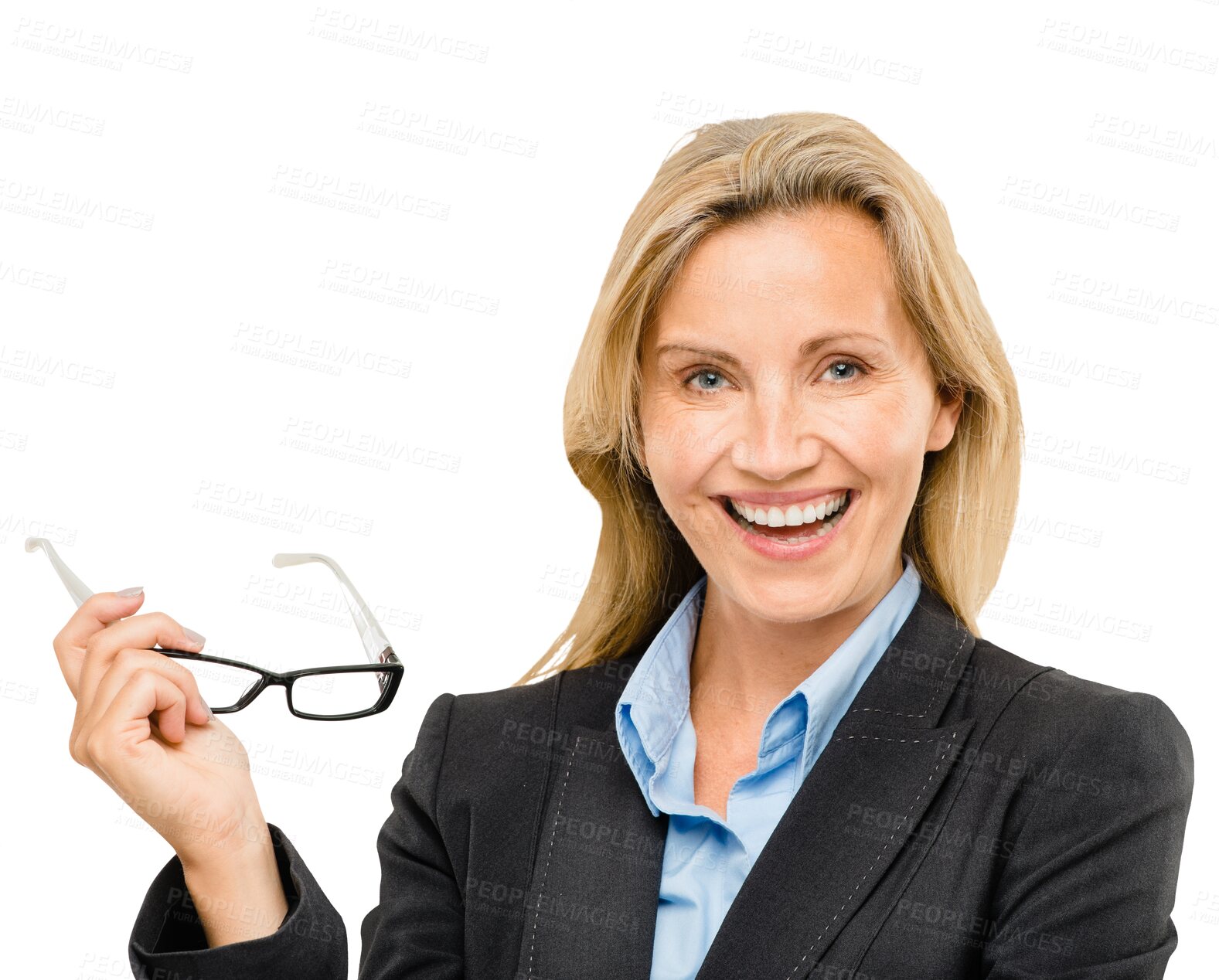 Buy stock photo Portrait, smile and glasses with business woman isolated on transparent background for management. Face, happy or excited with confident mature CEO, executive or manager on PNG for corporate career