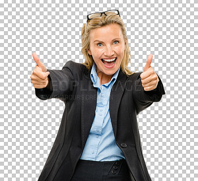 Buy stock photo Excited, thumbs up and portrait of business woman with good news, approval and agreement. Happy, smile and professional female person with satisfaction hand gesture by transparent png background.