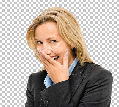 Buy stock photo Woman, laugh and portrait with hand, covered and smile with cheerful face and suit. Senior businesswoman, corporate career or work with company happiness isolated on a transparent, png background