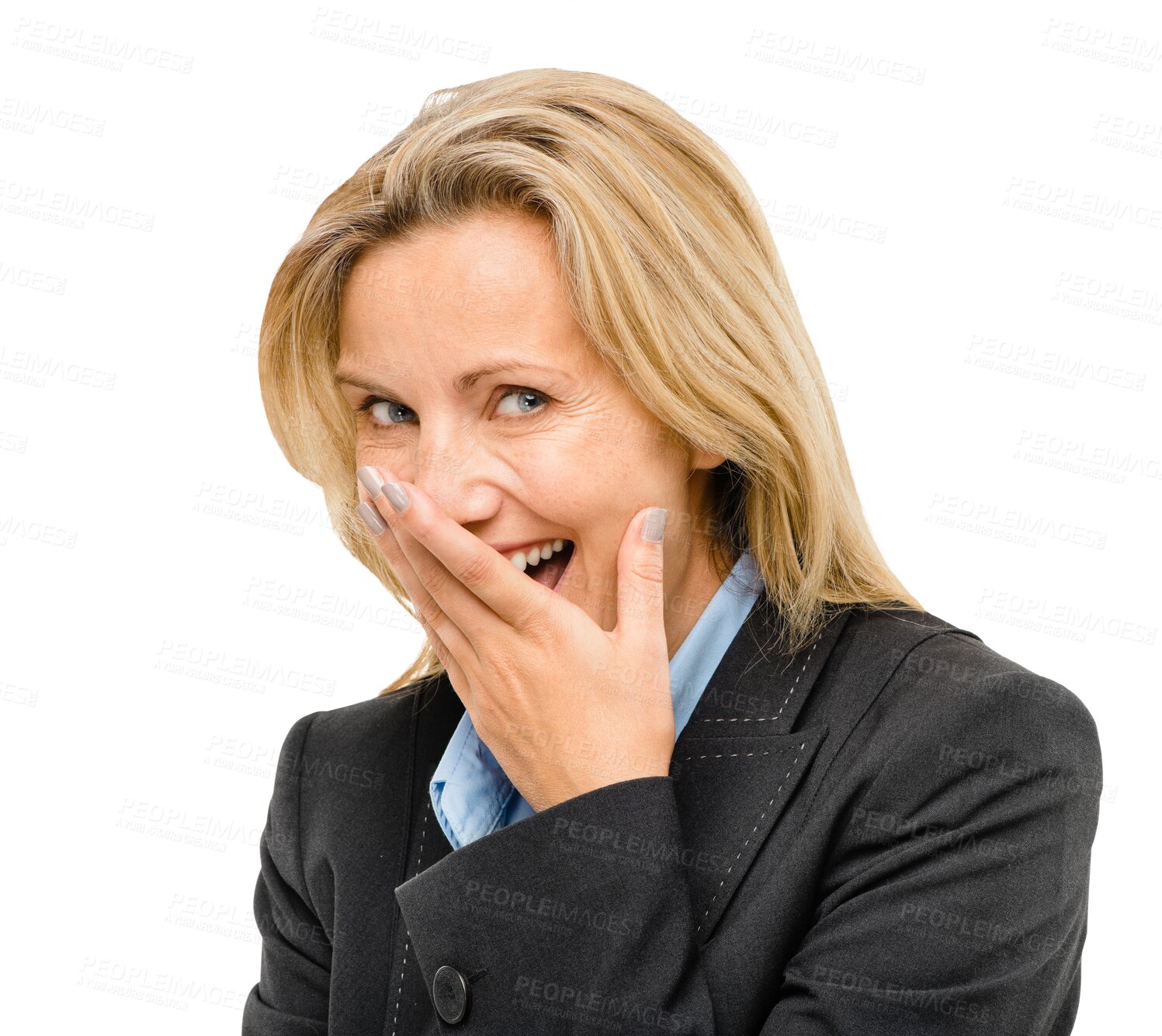 Buy stock photo Woman, laugh and portrait with hand, covered and smile with cheerful face and suit. Senior businesswoman, corporate career or work with company happiness isolated on a transparent, png background