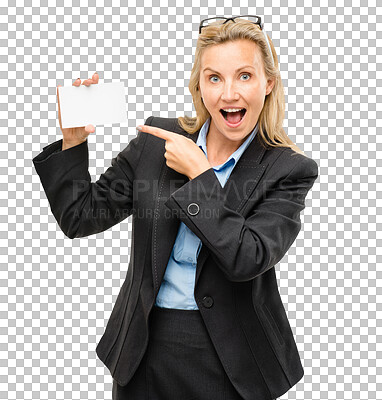 Buy stock photo Excited, portrait and woman with business card mockup for marketing, promotion or advertising. Happy, pointing and professional female person with empty space paper by transparent png background.