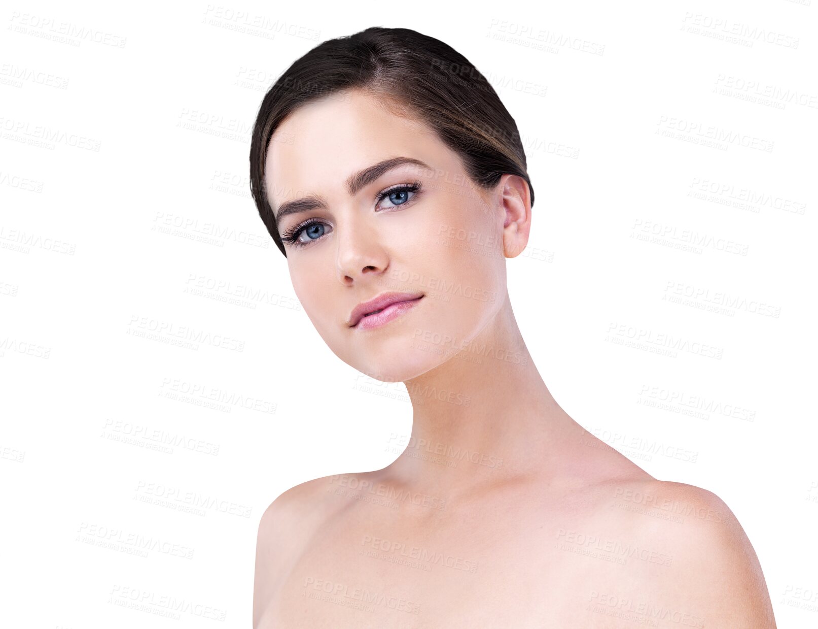 Buy stock photo Beauty, skincare and portrait of woman with cosmetics, confidence and isolated on transparent png background. Dermatology, natural makeup and face of girl with skin glow, wellness and healthy facial.