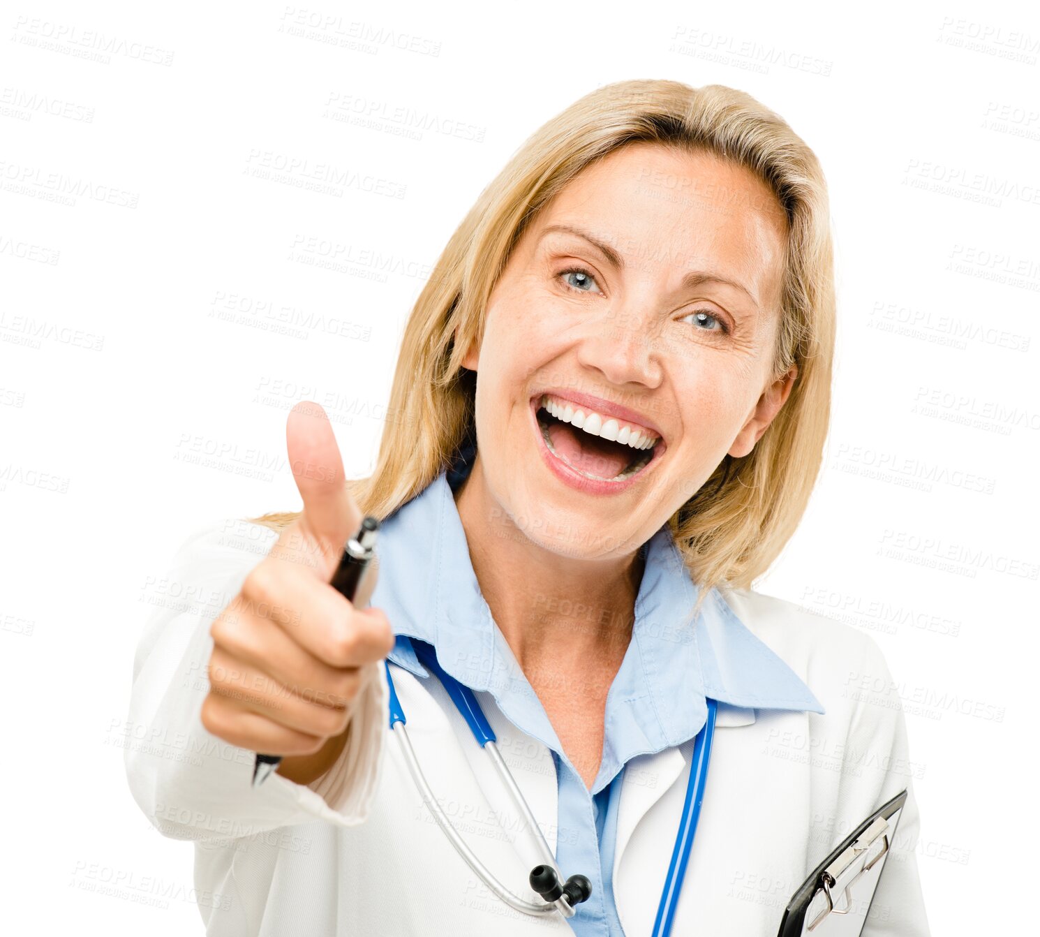 Buy stock photo Excited, woman and portrait of doctor with thumbs up for good news, approval and agreement. Happy, smile and female healthcare worker with satisfaction hand gesture by transparent png background.