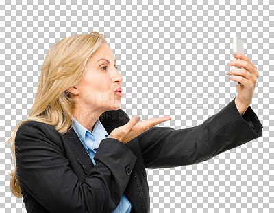 Buy stock photo Phone, video call and businesswoman blowing kiss isolated on transparent background for communication. Contact, love and mobile with mature employee in formal suit on PNG for corporate networking
