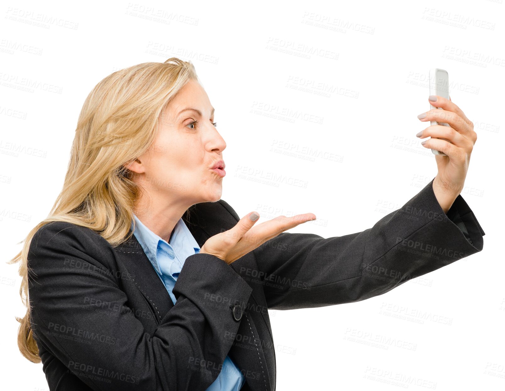 Buy stock photo Phone, video call and businesswoman blowing kiss isolated on transparent background for communication. Contact, love and mobile with mature employee in formal suit on PNG for corporate networking