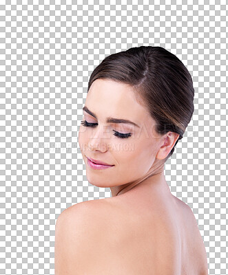 Buy stock photo Makeup, skincare and beauty of woman, glow and back isolated on a transparent png background. Cosmetics, aesthetic and female person in spa facial treatment for dermatology, wellness or healthy skin