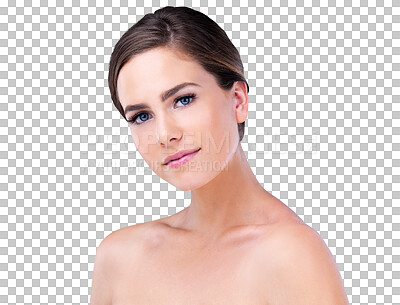 Buy stock photo Beauty, skincare and portrait of woman with wellness, confidence and isolated on transparent png background. Dermatology, natural makeup and face of girl with skin glow, cosmetics and healthy facial.