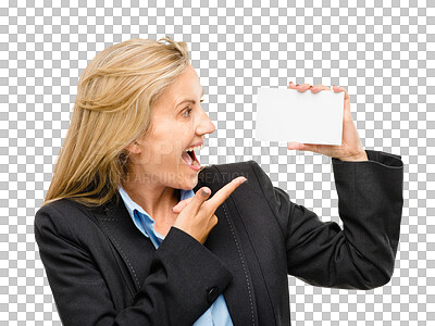 Buy stock photo Happy, pointing and woman with business card mockup for marketing, promotion or advertising. Excited, placard and professional female person with empty space paper by transparent png background.
