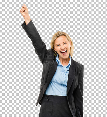 Buy stock photo Business, woman and portrait of winner in celebration with success on transparent, isolated or png background. Excited, energy and person with bonus, achievement or cheering with fist for promotion