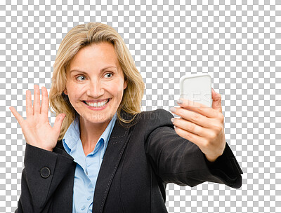 Buy stock photo Phone, video call and wave with business woman isolated on transparent background for communication. Contact, mobile and greeting with mature employee in formal suit on PNG for corporate networking