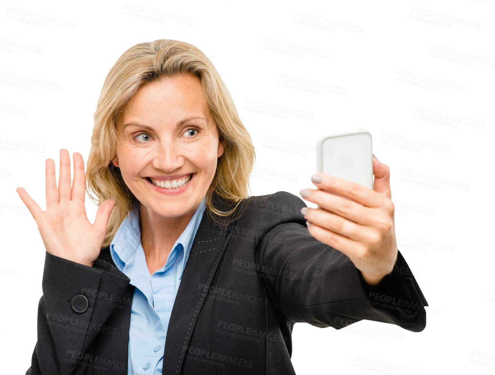 Buy stock photo Phone, video call and wave with business woman isolated on transparent background for communication. Contact, mobile and greeting with mature employee in formal suit on PNG for corporate networking