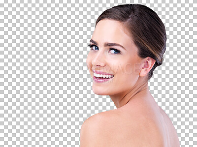 Buy stock photo Portrait, skincare and beauty of woman, smile and glow isolated on a transparent png background. Cosmetics, face and happy female person in facial makeup for dermatology, wellness and healthy skin