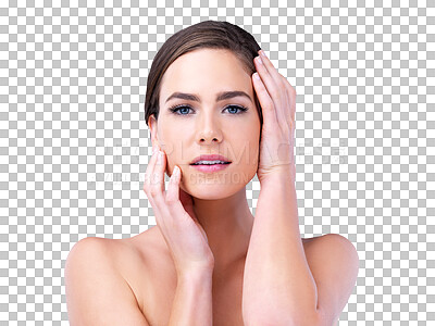 Buy stock photo Portrait, makeup and woman touch face, glow and shine isolated on a transparent png background. Cosmetics, hands and skincare of serious female person with facial dermatology, wellness and beauty