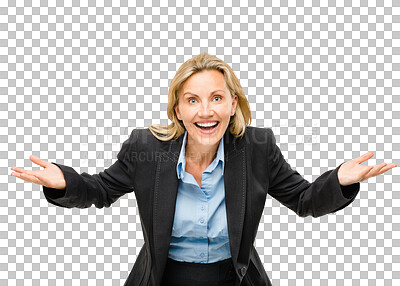 Buy stock photo Happy, woman and question with doubt in portrait or shrug on transparent, isolated or png background. Professional, choice and person in finance smile and balance decision or opinion on investment