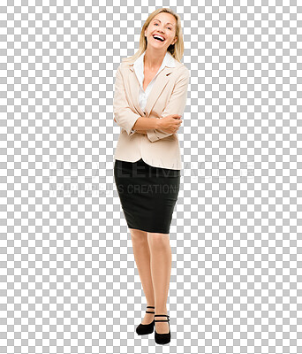 Buy stock photo Businesswoman, portrait and happy in career and arms crossed and commitment in accounting job. Mature financial manager, positive and face of professional and isolated on transparent png background