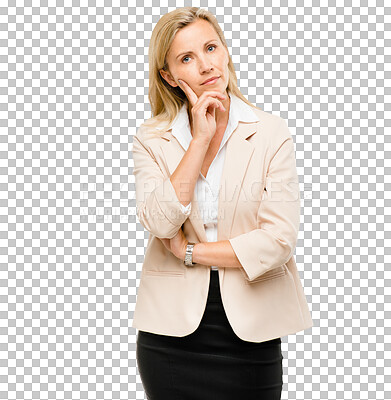 Buy stock photo Businesswoman, portrait or serious for thinking, confident or planning a change in attorney career. Face, idea and solution for legal case in corporate law and isolated on transparent png background