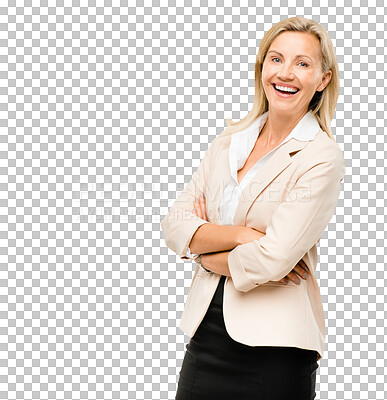 Buy stock photo Mature businesswoman, portrait or laughing with confidence or arms crossed for commitment in corporate job. Financial manager, comedy or face for funny joke or isolated on transparent png background