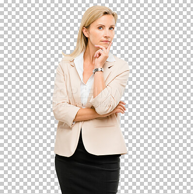 Buy stock photo Mature businesswoman, portrait and thinking of work and crossed arms for decision in attorney job. Face, idea and  solution for legal case in corporate law and isolated on transparent png background