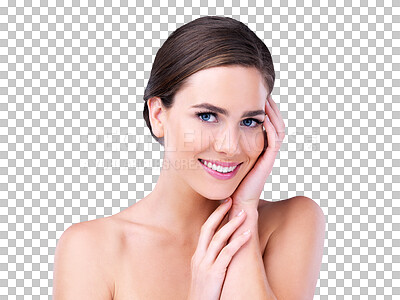 Buy stock photo Portrait, woman or smile with hands for skincare while isolated on transparent png background. Female person, touch and glow with flawless skin for beauty treatment, cosmetology and dermatology