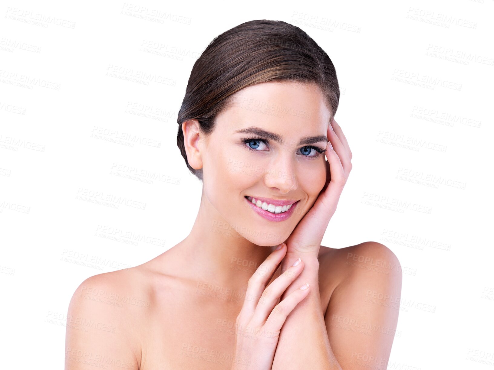 Buy stock photo Portrait, woman or smile with hands for skincare while isolated on transparent png background. Female person, touch and glow with flawless skin for beauty treatment, cosmetology and dermatology