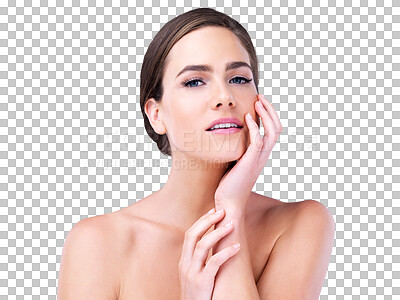 Buy stock photo Skincare, health and portrait of woman with natural, beauty and wellness facial routine. Model, cosmetic and young female person with face dermatology treatment isolated by transparent png background